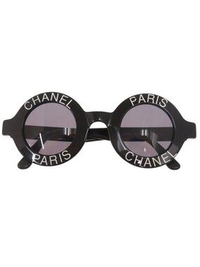 Chanel Vintage CC Logo Round Acetate Black Sunglasses Eyewear